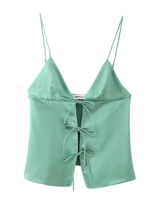 Camis- Satin Women's Silky Tie-Up Bow Cami Top for Summer- Green- Chuzko Women Clothing
