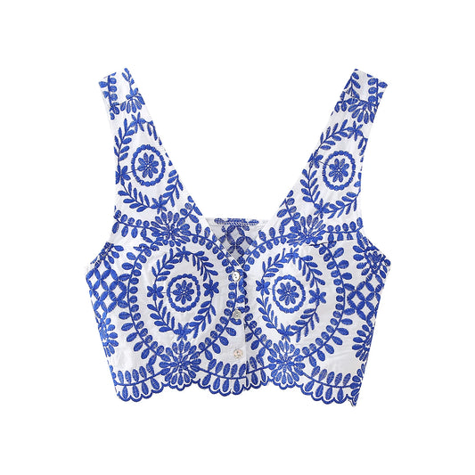 Camis Tops- Boho Blue Embroidered Crop Top- Blue- Chuzko Women Clothing