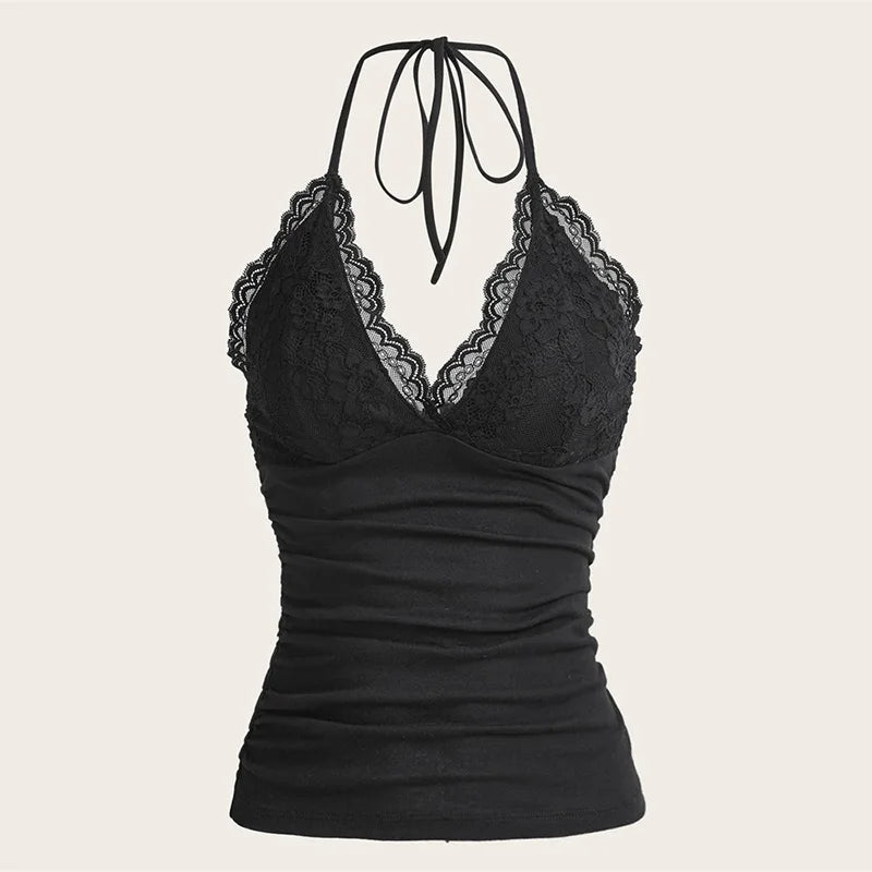 Camis Tops- Women's Halter Cami with Lace Trimmed Bust for Festivals- - Chuzko Women Clothing