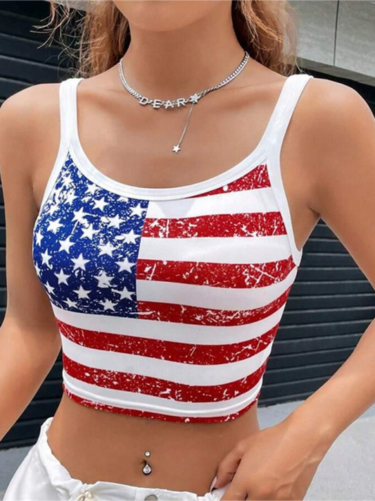 Camis- Women's American Flag Crop Cami Top- White- Chuzko Women Clothing