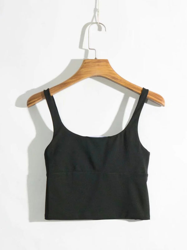 Camis- Women's Sleeveless Square Cami Top with Pleated Bust- Black- Chuzko Women Clothing