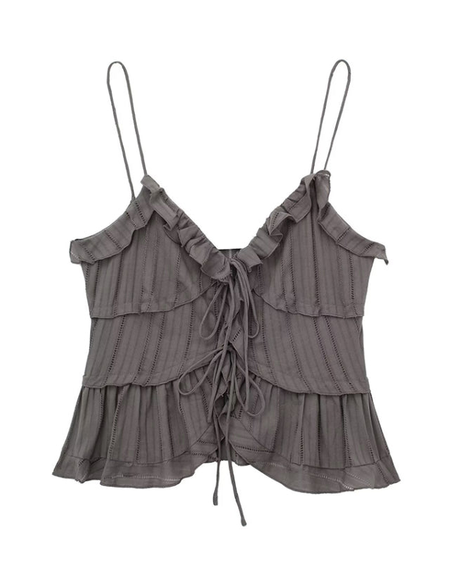 Women's Vertical Striped Frill Lace-Up Cami Top
