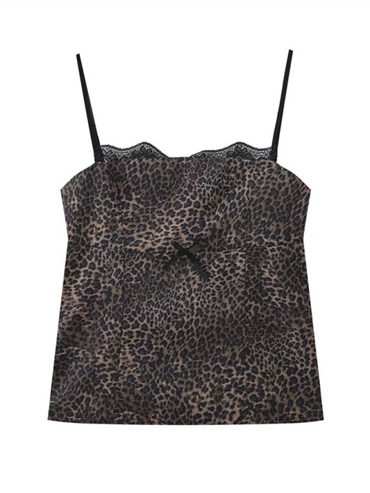 Camisole en satin imprimé léopard pour femme avec accents de dentelle