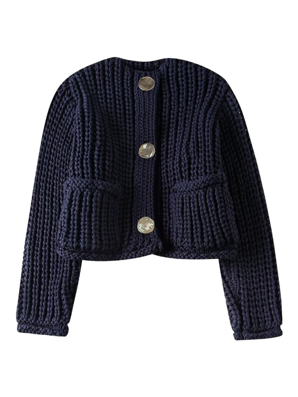 Cardigans- Navy Blue Button-Up Cropped Cardigan for Spring & Autumn Outings- Champlain color- Chuzko Women Clothing