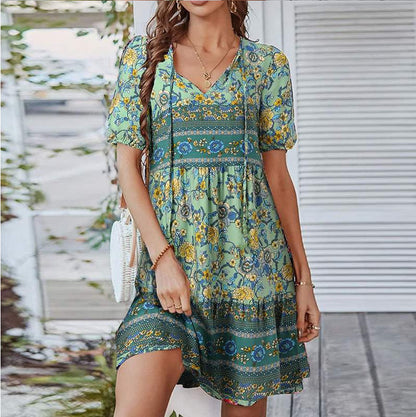 Casual Dresses- Beauty Vintage Floral Lace-Up Neck Mini Dress with Puff Sleeves- Green- Chuzko Women Clothing