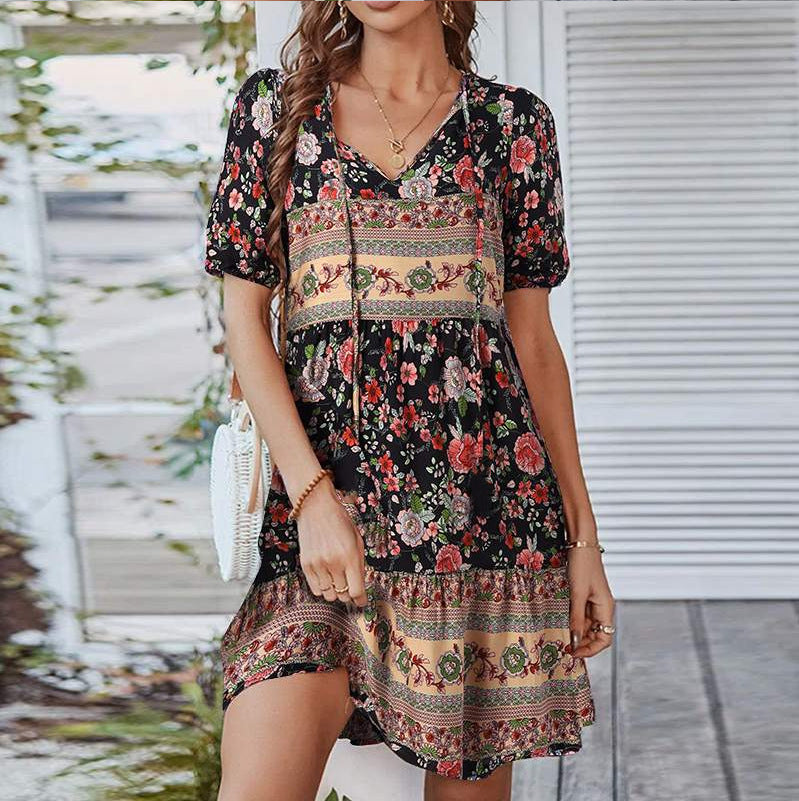 Casual Dresses- Beauty Vintage Floral Lace-Up Neck Mini Dress with Puff Sleeves- Black- Chuzko Women Clothing