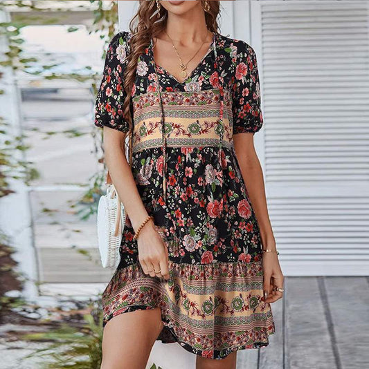 Casual Dresses- Beauty Vintage Floral Lace-Up Neck Mini Dress with Puff Sleeves- - Chuzko Women Clothing