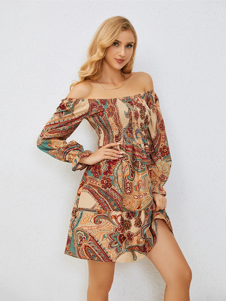 Casual Dresses- Boho Floral Off-Shoulder Dress for Spring and Fall- - Chuzko Women Clothing