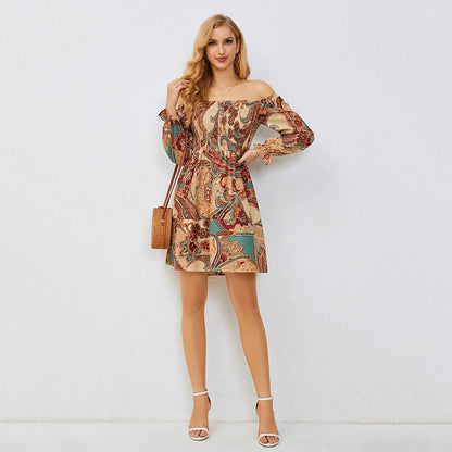 Casual Dresses- Boho Floral Off-Shoulder Dress for Spring and Fall- - Chuzko Women Clothing