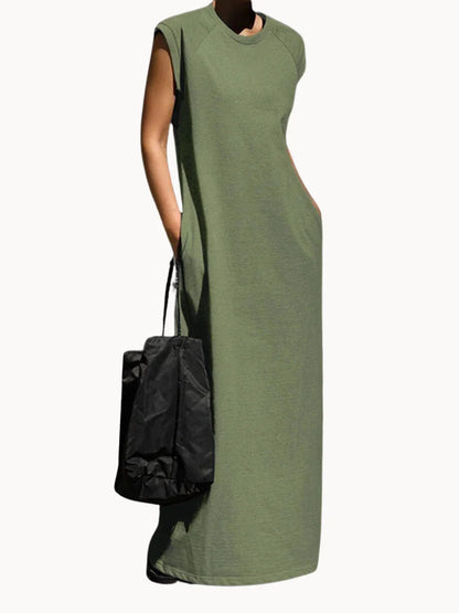 Casual Dresses- Casual Cotton Tunic Maxi Dress for Everyday Comfort- Green- Chuzko Women Clothing