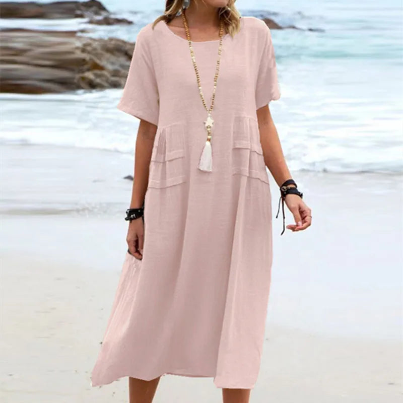 Casual Dresses- Casual Outfit Women's A-Line Midi Dress in Cotton Blend- Pink- Chuzko Women Clothing