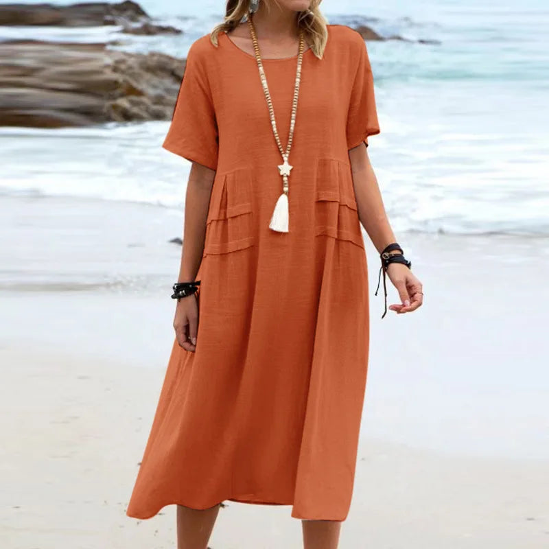Casual Dresses- Casual Outfit Women's A-Line Midi Dress in Cotton Blend- Orange- Chuzko Women Clothing