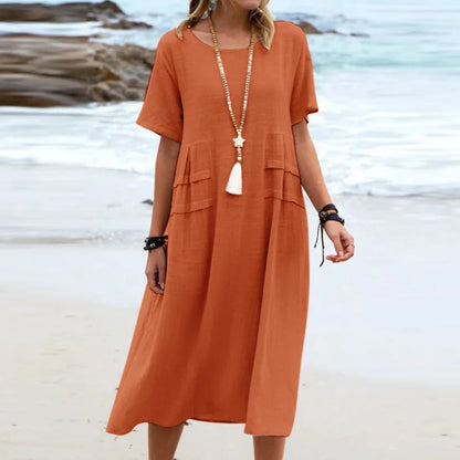 Casual Dresses- Casual Outfit Women's A-Line Midi Dress in Cotton Blend- Orange- Chuzko Women Clothing
