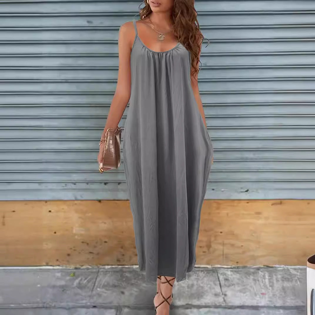Casual Dresses- Casual Scoop Neck Midi Tunic Solid Dress with Open Back & Adjustable Straps- Gray- Chuzko Women Clothing