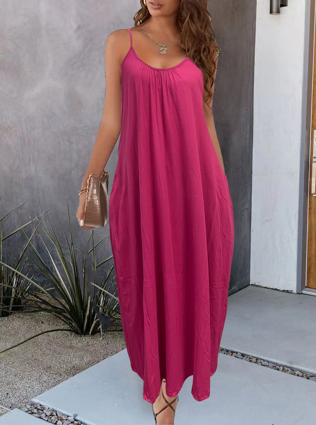 Casual Dresses- Casual Scoop Neck Midi Tunic Solid Dress with Open Back & Adjustable Straps- Rose Red- Chuzko Women Clothing