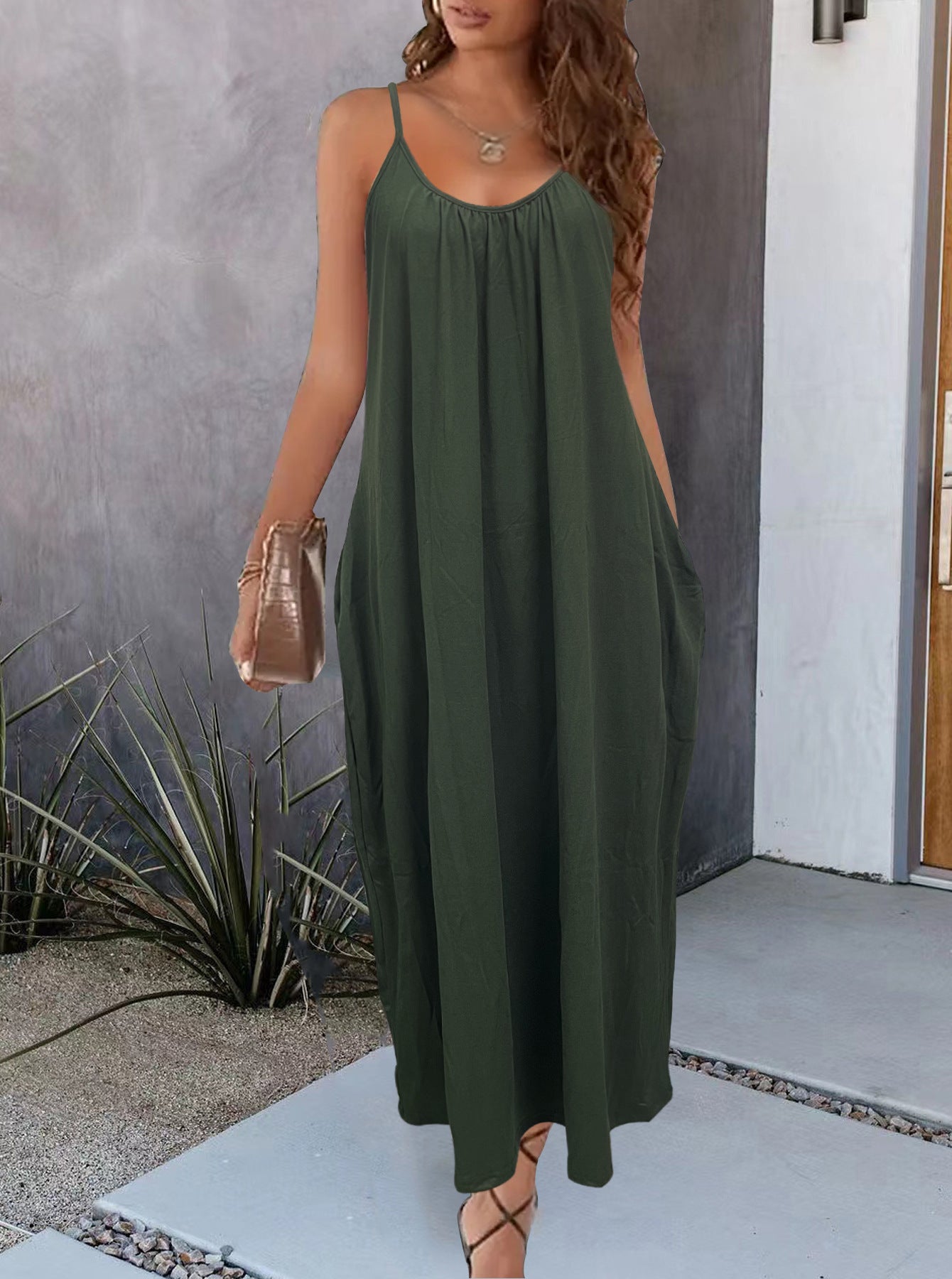 Casual Dresses- Casual Scoop Neck Midi Tunic Solid Dress with Open Back & Adjustable Straps- Olive Green- Chuzko Women Clothing