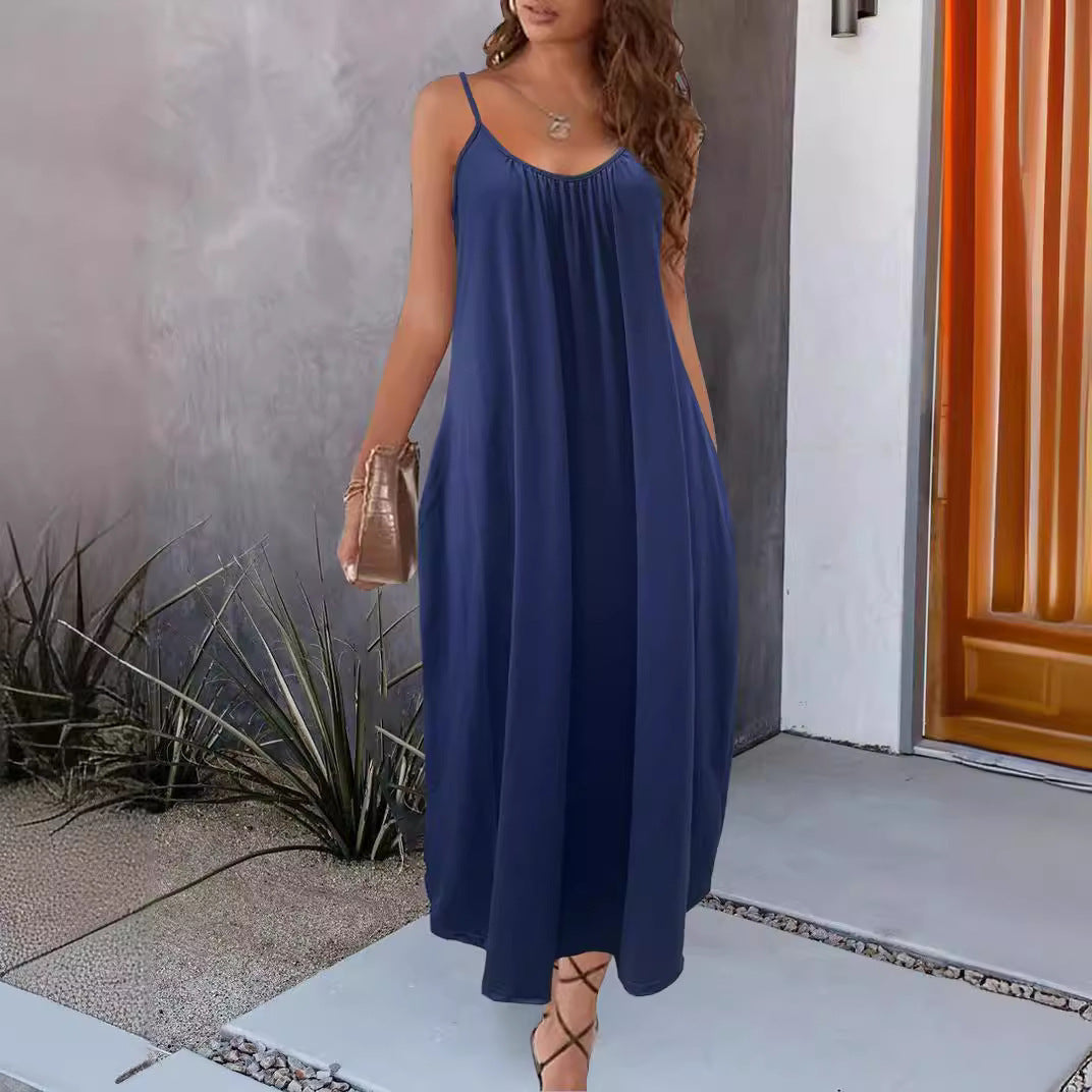 Casual Dresses- Casual Scoop Neck Midi Tunic Solid Dress with Open Back & Adjustable Straps- Dark Blue- Chuzko Women Clothing