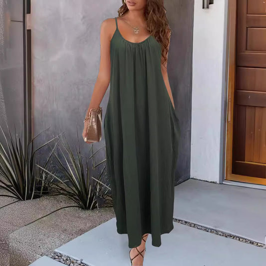 Casual Dresses- Casual Scoop Neck Midi Tunic Solid Dress with Open Back & Adjustable Straps- - Chuzko Women Clothing