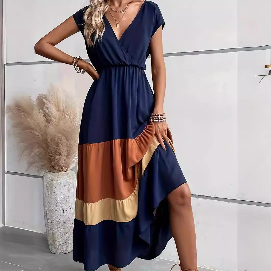 Casual Dresses- Chic Contrast Color Block Surplice V-neck Dress with Gathered Waist- - Chuzko Women Clothing