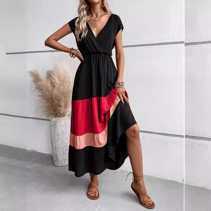Casual Dresses- Chic Contrast Color Block Surplice V-neck Dress with Gathered Waist- - Chuzko Women Clothing