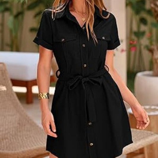 Casual Dresses- Fashionable Utility Flap Pocket Mini Dress with Convertible Collar and Tie Belt- - Chuzko Women Clothing