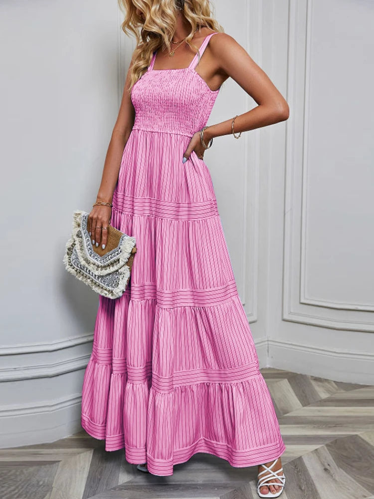 Casual Dresses- Festival Favorite Striped Maxi Dress for Summer Days- Pink- Chuzko Women Clothing