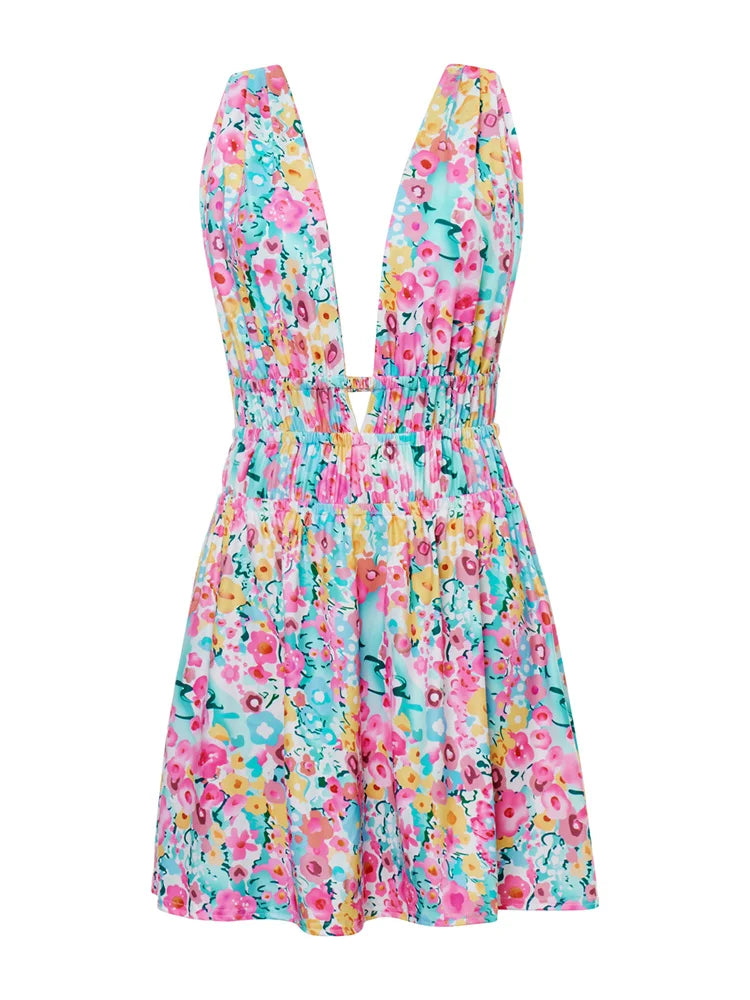 Casual Dresses- Floral Mini Dress with Multi-Strap Back for Summer Gatherings- - Chuzko Women Clothing