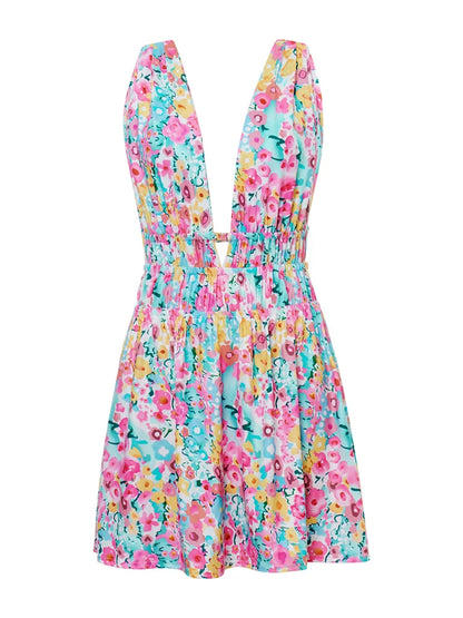 Casual Dresses- Floral Mini Dress with Multi-Strap Back for Summer Gatherings- - Chuzko Women Clothing