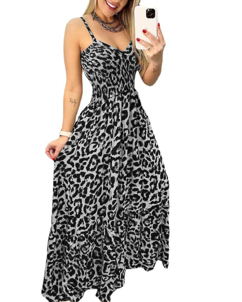 Casual Dresses- Leopard Cami Fit & Flare Maxi Dress with Smocked Waistband for Perfect Fit- - Chuzko Women Clothing
