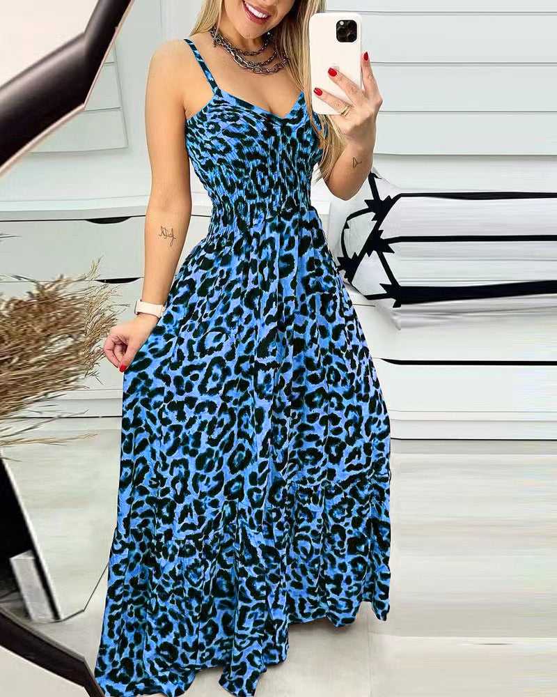 Casual Dresses- Leopard Cami Fit & Flare Maxi Dress with Smocked Waistband for Perfect Fit- Blue- Chuzko Women Clothing