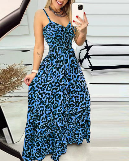 Casual Dresses- Leopard Cami Fit & Flare Maxi Dress with Smocked Waistband for Perfect Fit- Blue- Chuzko Women Clothing