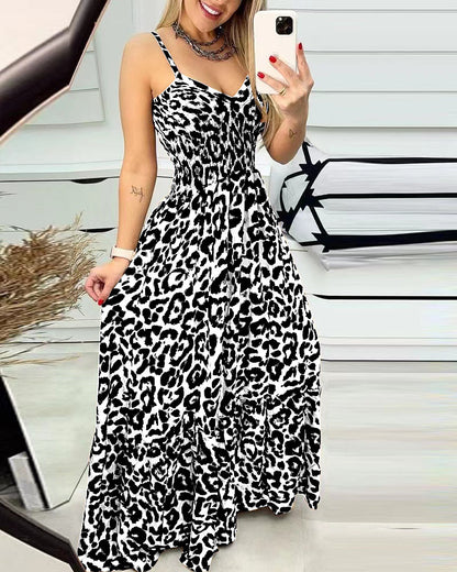 Casual Dresses- Leopard Cami Fit & Flare Maxi Dress with Smocked Waistband for Perfect Fit- Black- Chuzko Women Clothing