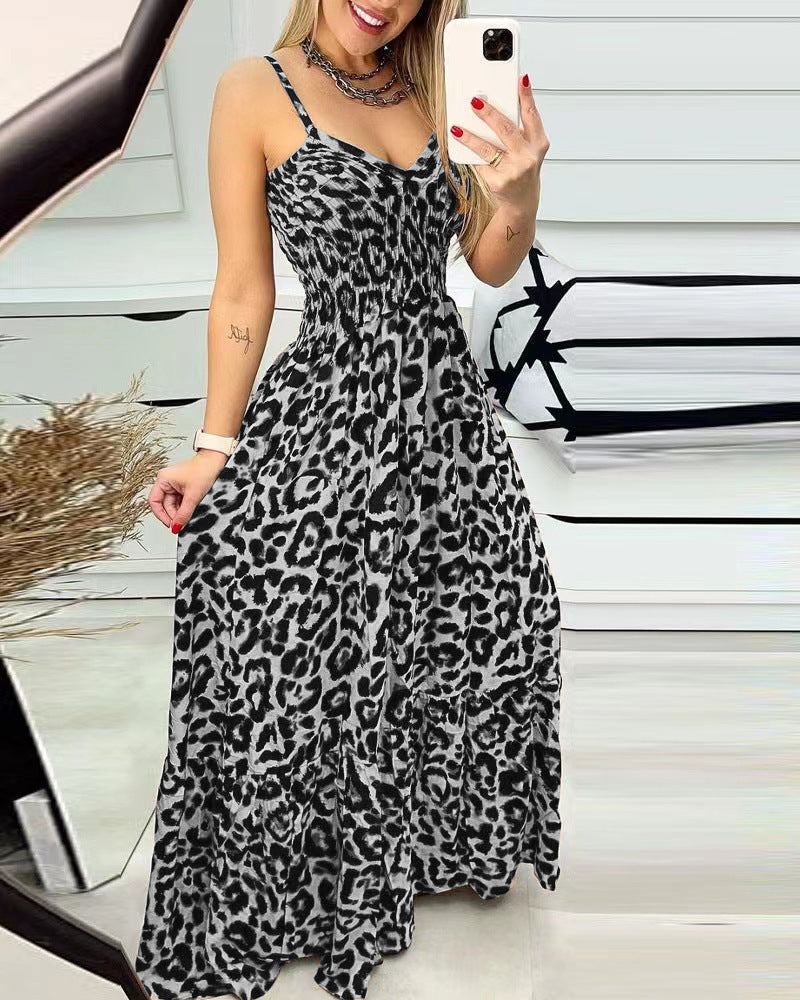 Casual Dresses- Leopard Cami Fit & Flare Maxi Dress with Smocked Waistband for Perfect Fit- Gray- Chuzko Women Clothing