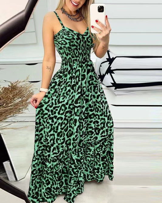 Casual Dresses- Leopard Cami Fit & Flare Maxi Dress with Smocked Waistband for Perfect Fit- Green- Chuzko Women Clothing