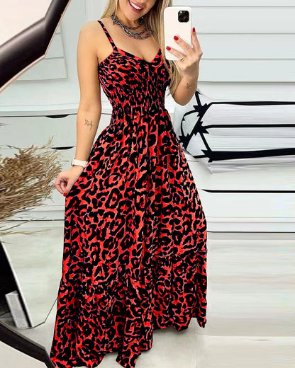 Casual Dresses- Leopard Cami Fit & Flare Maxi Dress with Smocked Waistband for Perfect Fit- Red- Chuzko Women Clothing