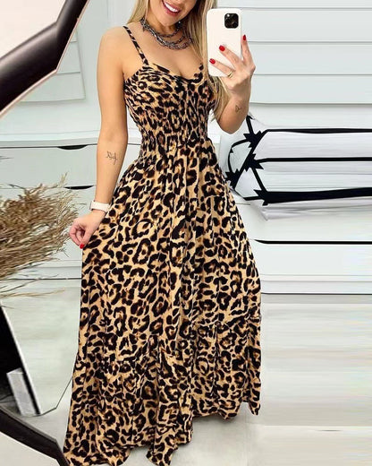 Casual Dresses- Leopard Cami Fit & Flare Maxi Dress with Smocked Waistband for Perfect Fit- Yellow- Chuzko Women Clothing