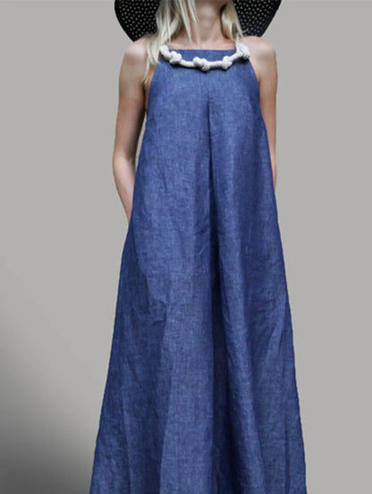 Casual Dresses- Light Denim Sleeveless Halterneck Maxi Tunic Dress- - Chuzko Women Clothing