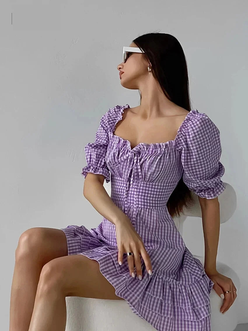 Casual Dresses- Purple Square Neck A-Line Mini Dress in Summer Plaid with Puff Sleeves- - Chuzko Women Clothing