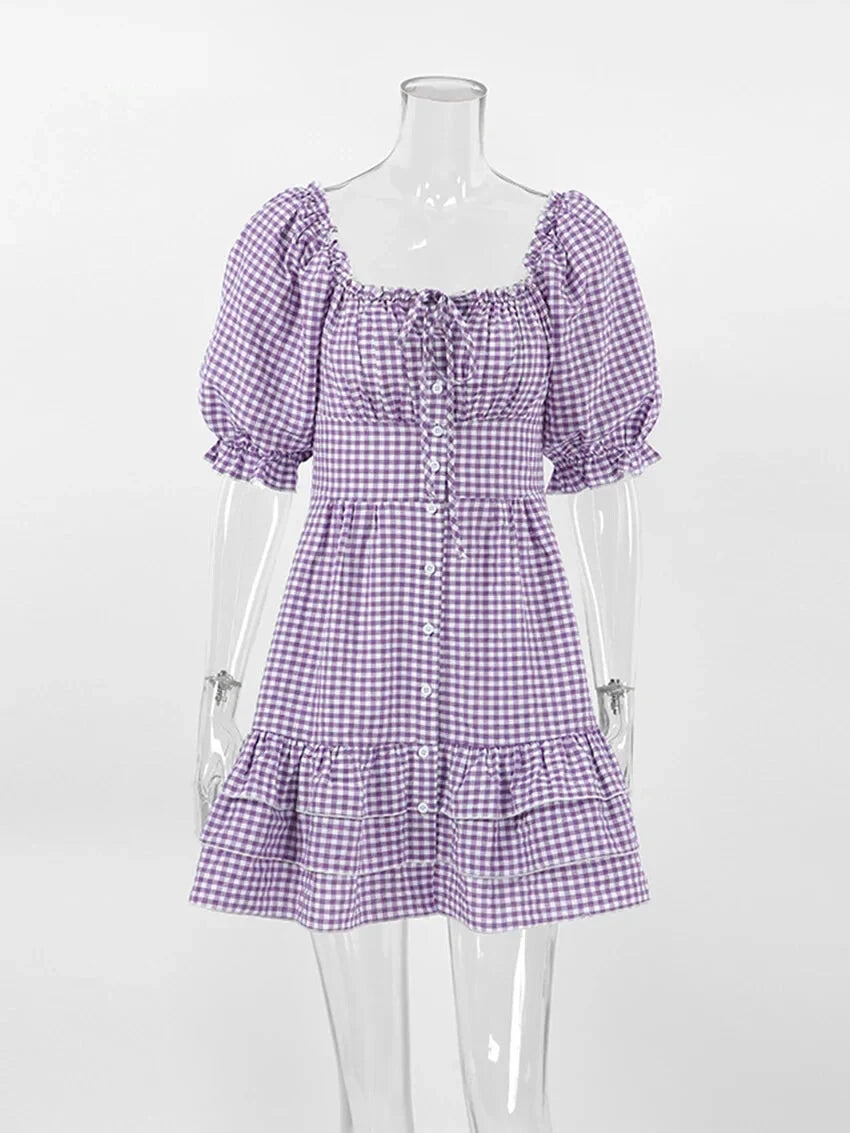 Casual Dresses- Purple Square Neck A-Line Mini Dress in Summer Plaid with Puff Sleeves- - Chuzko Women Clothing