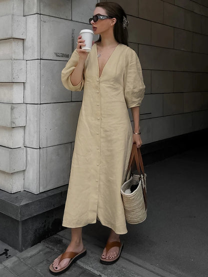 Casual Dresses- Solid A-Line Button-Up Midi Dress in Solid Cotton Linen- khaki- Chuzko Women Clothing