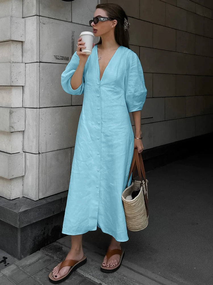 Casual Dresses- Solid A-Line Button-Up Midi Dress in Solid Cotton Linen- blue- Chuzko Women Clothing