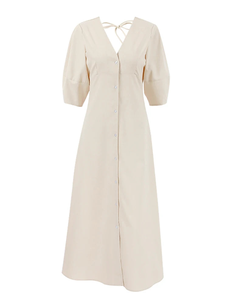 Casual Dresses- Solid A-Line Button-Up Midi Dress in Solid Cotton Linen- beige- Chuzko Women Clothing