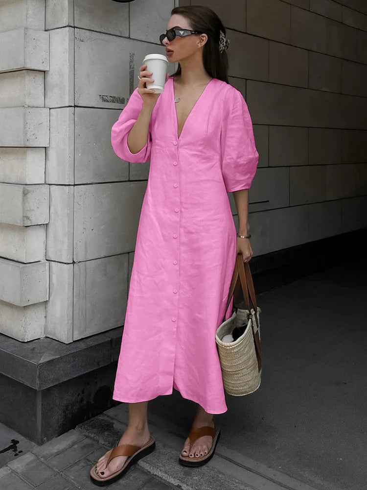 Casual Dresses- Solid A-Line Button-Up Midi Dress in Solid Cotton Linen- pink- Chuzko Women Clothing