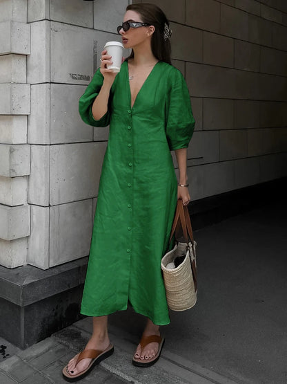 Casual Dresses- Solid A-Line Button-Up Midi Dress in Solid Cotton Linen- green- Chuzko Women Clothing