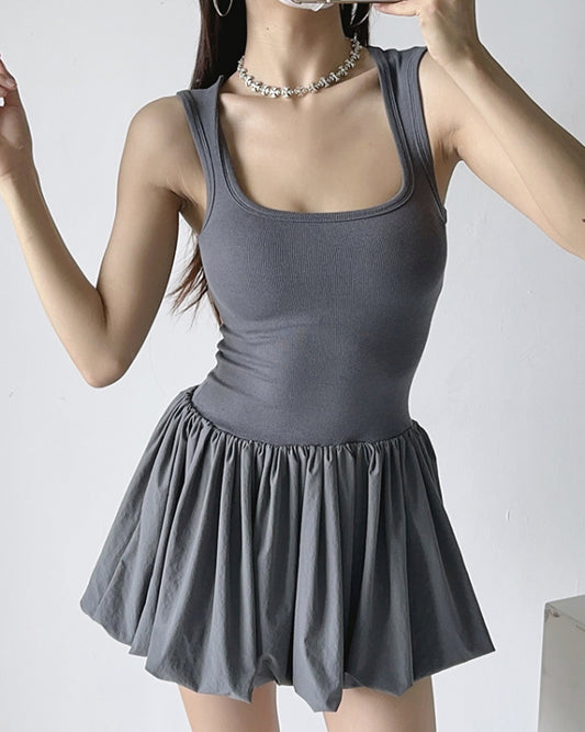 Casual Dresses- Solid Fit & Flare Drop Waist Tank Mini Dress for Summer- Grey- Chuzko Women Clothing