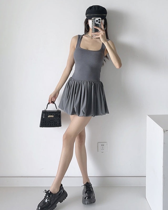 Casual Dresses- Solid Fit & Flare Drop Waist Tank Mini Dress for Summer- - Chuzko Women Clothing