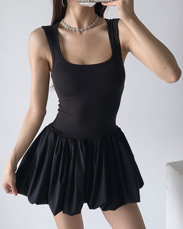 Casual Dresses- Solid Fit & Flare Drop Waist Tank Mini Dress for Summer- Black- Chuzko Women Clothing
