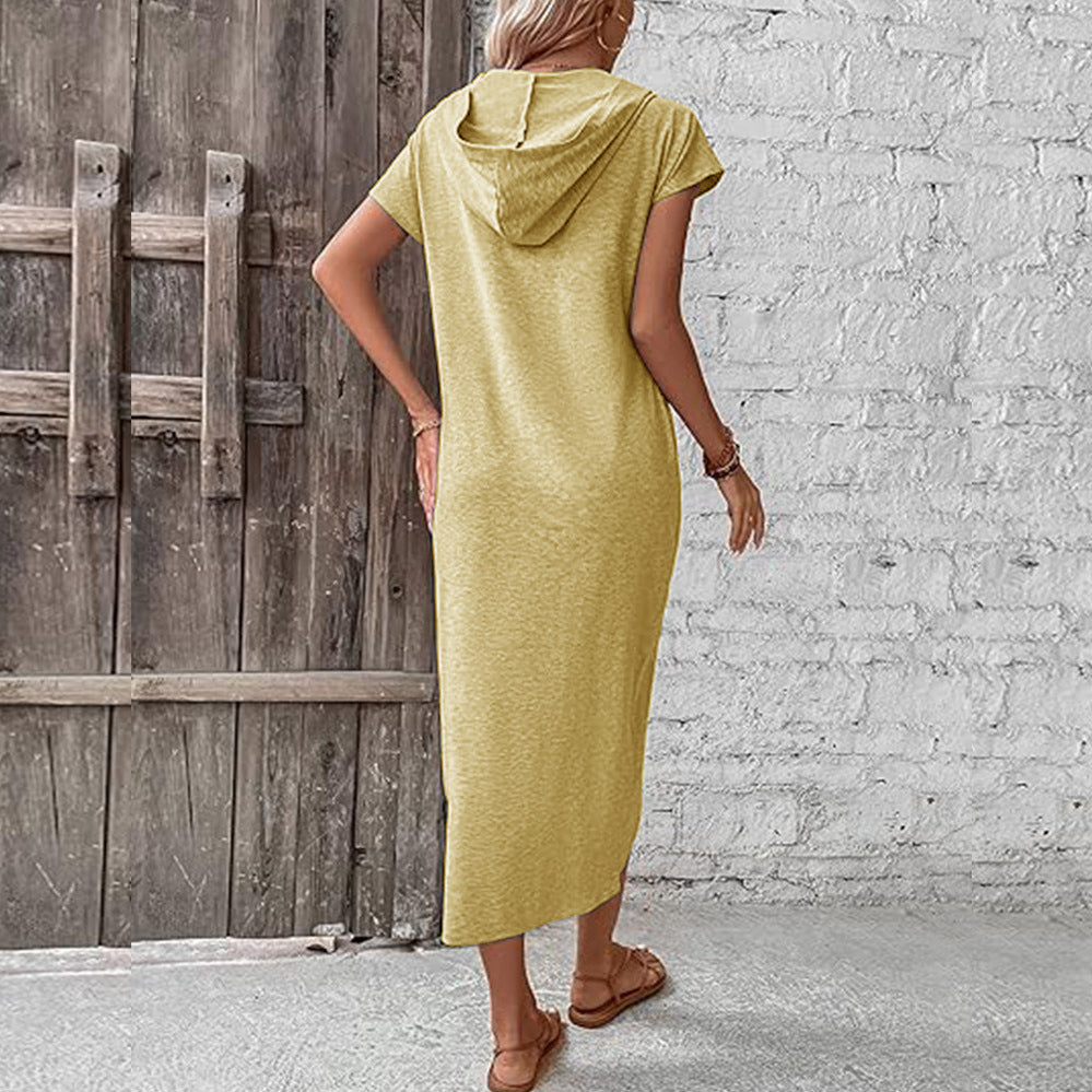 Casual Dresses- Sporty Hooded Slip Solid Color Midi Dress & Slit Leg Center- - Chuzko Women Clothing
