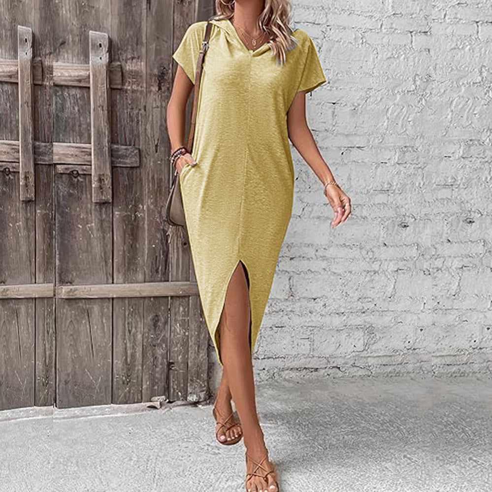 Casual Dresses- Sporty Hooded Slip Solid Color Midi Dress & Slit Leg Center- Yellow- Chuzko Women Clothing