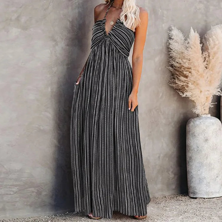 Casual Dresses- Striped A-Line Plunging Maxi Dress with Bowknot Back- - Chuzko Women Clothing